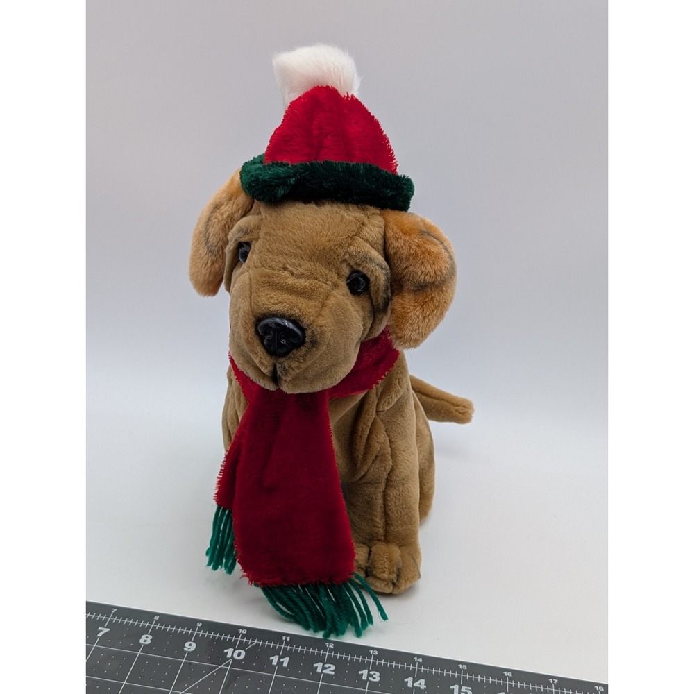 Dan Dee Christmas Dog Plush Brown Santa Hat Scarf 12‎ Inch Stuffed Animal Toy
